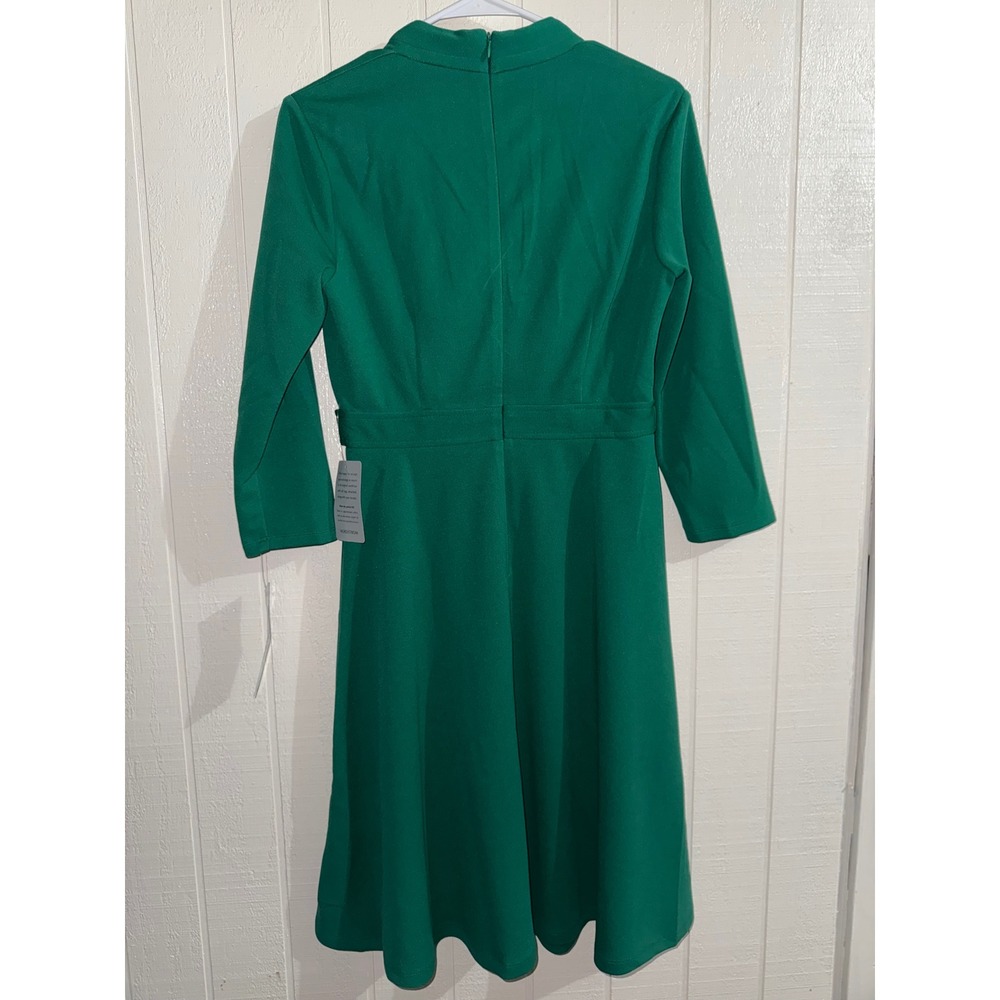 London Times Green Fit and Flare V-Neck Midi Dress 3/4 Sleeve Size 4 NWT - Picture 5 of 5
